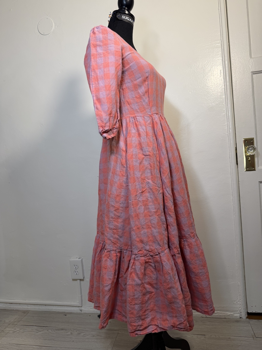 Women's Pink Gingham Check Midi Dress -3/4 Sleeved Ruffled Hem - Picture 2 of 11